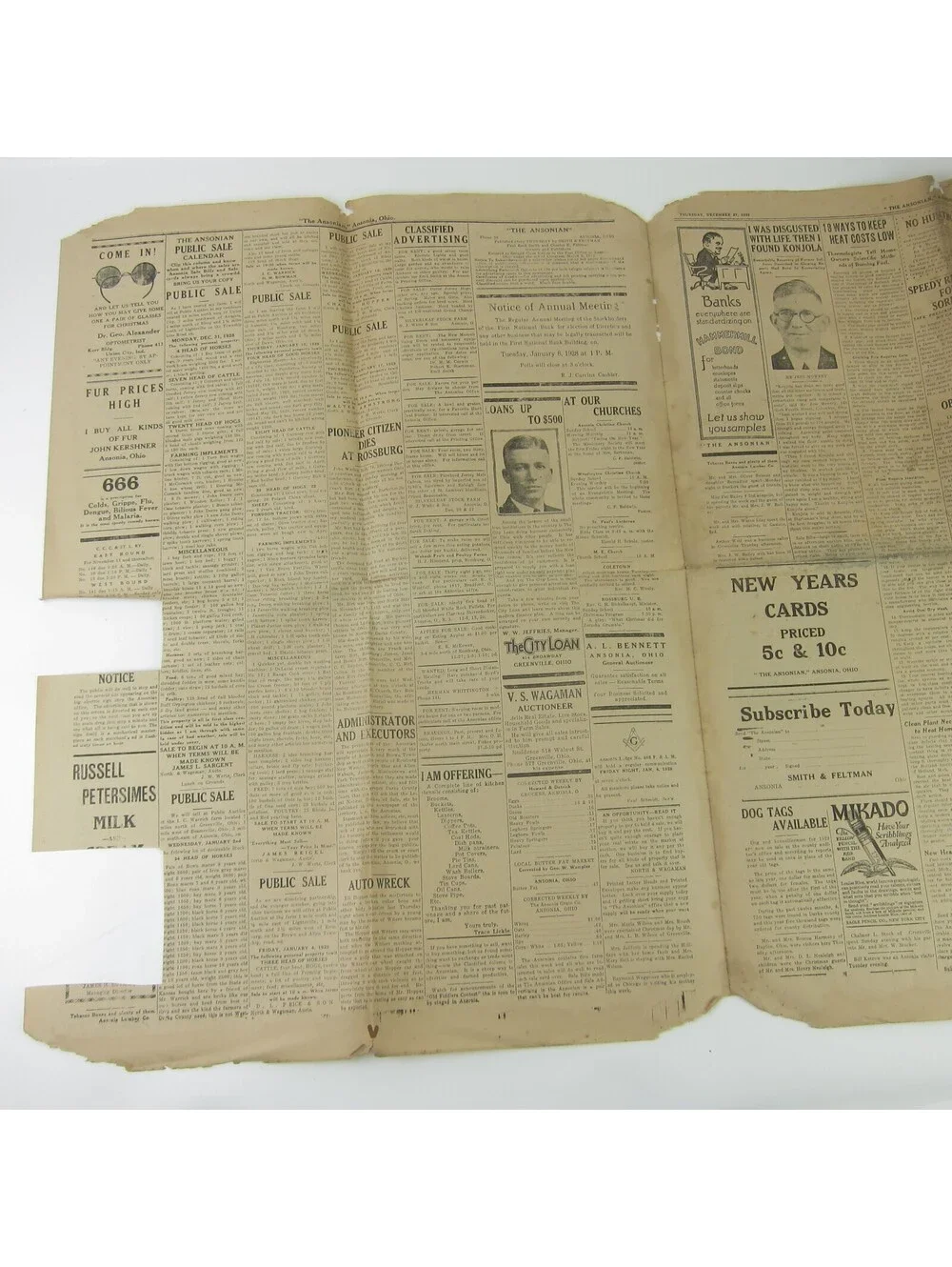 The Ansonian Newspaper Ansonia Darke County Ohio Thursday Dec 1928 Antique RARE